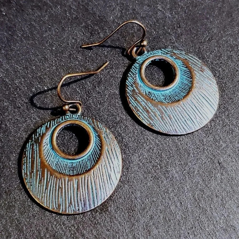 Antique Copper Verdigris Blue Green Patina Edgy Dimensional Round Earrings